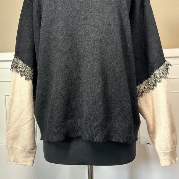 Avantlook Mock Neck Pullover Two-Tone Lace Long Sleeve Sweater Black Tan Size XL - Picture 8 of 14